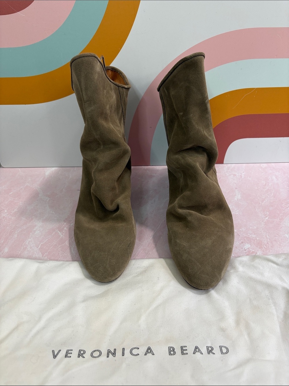 Veronica Beard Taupe Olive Suede Slouchy Ankle Booties 40